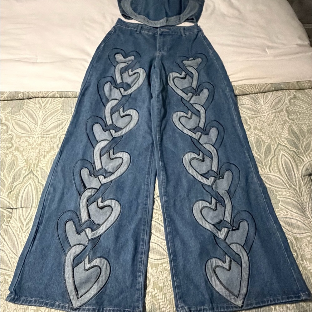 Heart Pattern Denim Overalls set
